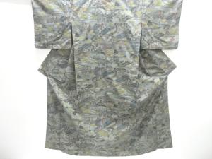 屋敷に草花模様手織り紬単衣着物